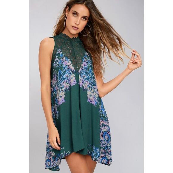 Free People Intimately Marsha Mini Dress Green Floral V-Neck Sleeveless Size M - Picture 1 of 10